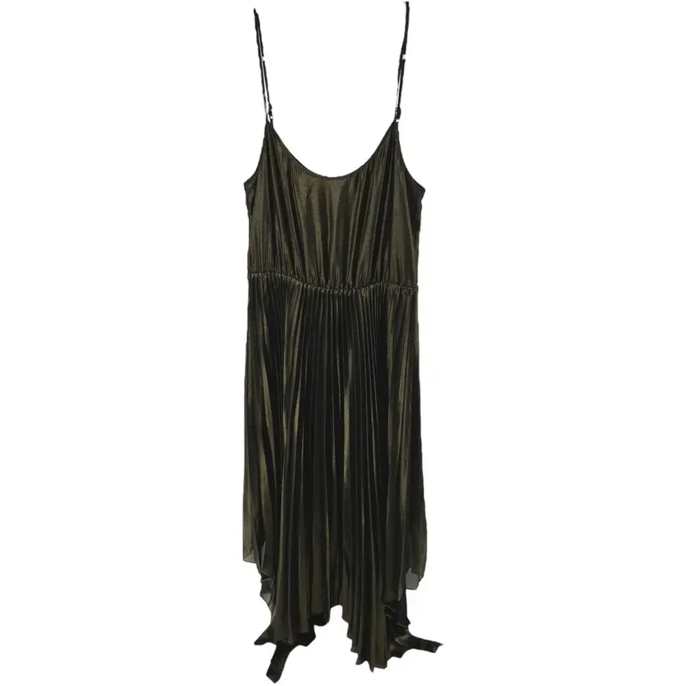 AllSaints Lerin Dress Midi Pleated Sleeveless Asymmetric Draped Metallic Gold S - Picture 2 of 5